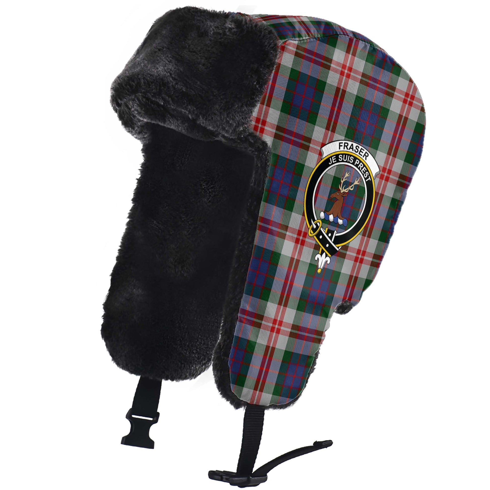 Fraser Red Dress Tartan Winter Trapper Hat with Family Crest - Tartanvibesclothing