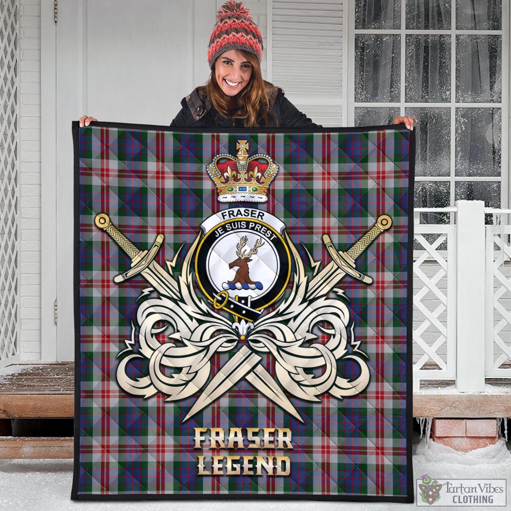 Tartan Vibes Clothing Fraser Red Dress Tartan Quilt with Clan Crest and the Golden Sword of Courageous Legacy