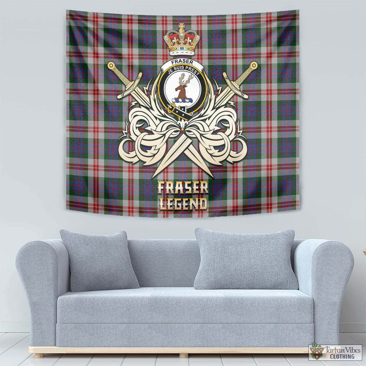 Tartan Vibes Clothing Fraser Red Dress Tartan Tapestry with Clan Crest and the Golden Sword of Courageous Legacy