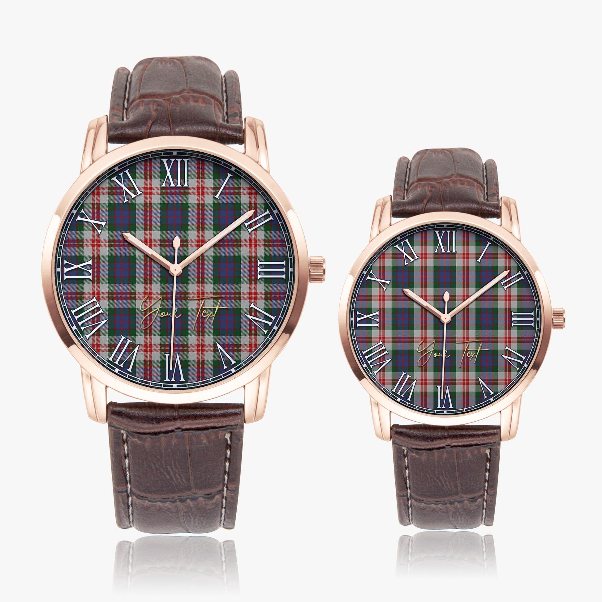 Fraser Red Dress Tartan Personalized Your Text Leather Trap Quartz Watch Wide Type Rose Gold Case With Brown Leather Strap - Tartanvibesclothing