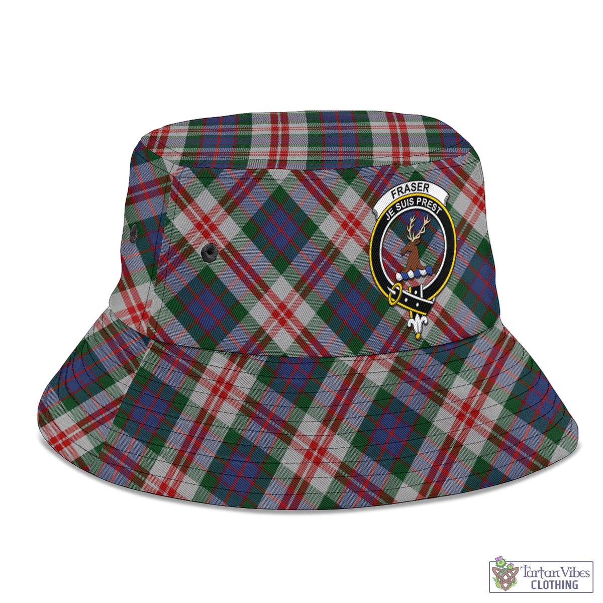 Tartan Vibes Clothing Fraser Red Dress Tartan Bucket Hat with Family Crest