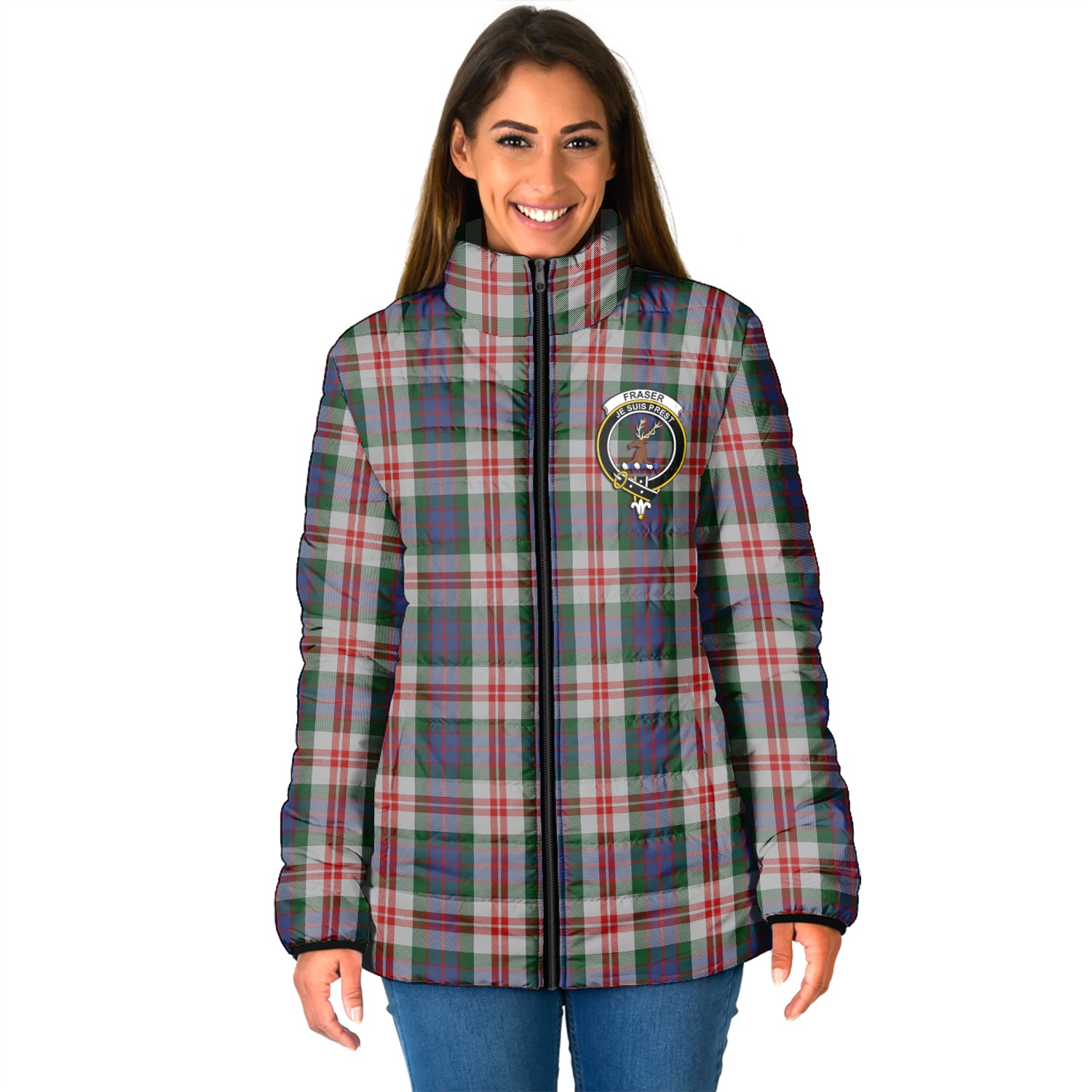 Fraser Red Dress Tartan Padded Jacket with Family Crest - Tartan Vibes Clothing