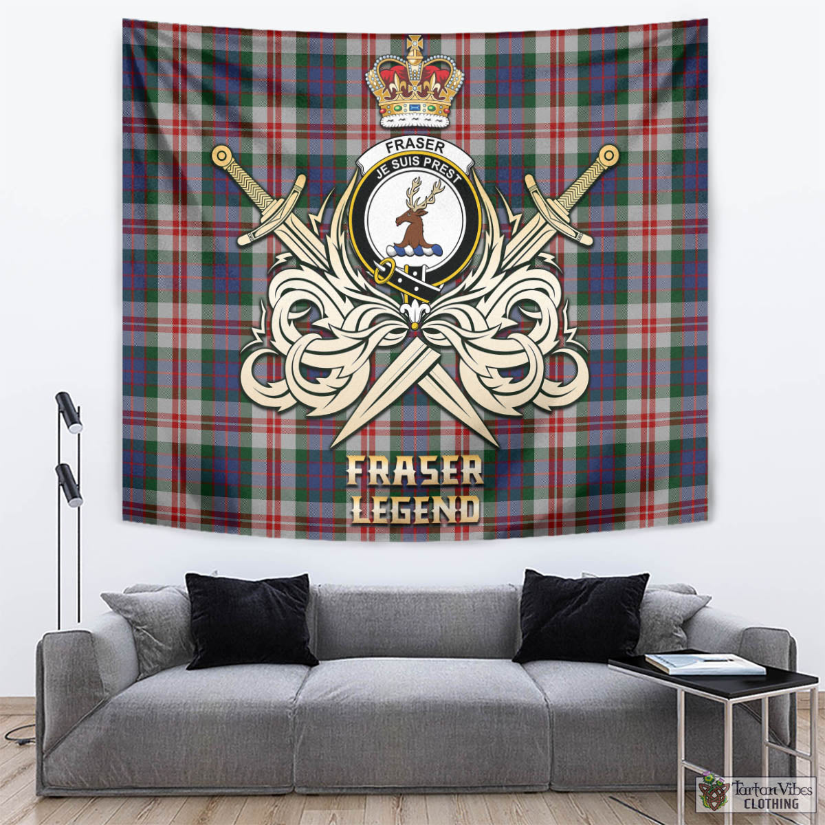 Tartan Vibes Clothing Fraser Red Dress Tartan Tapestry with Clan Crest and the Golden Sword of Courageous Legacy