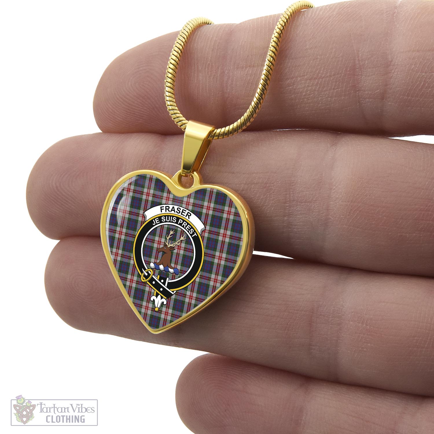 Tartan Vibes Clothing Fraser Red Dress Tartan Heart Necklace with Family Crest