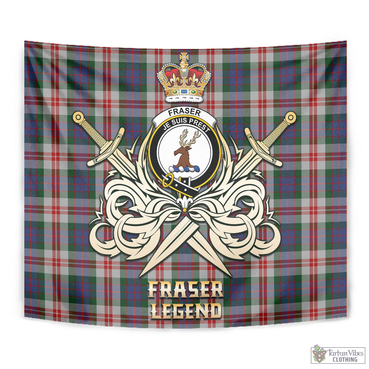 Tartan Vibes Clothing Fraser Red Dress Tartan Tapestry with Clan Crest and the Golden Sword of Courageous Legacy