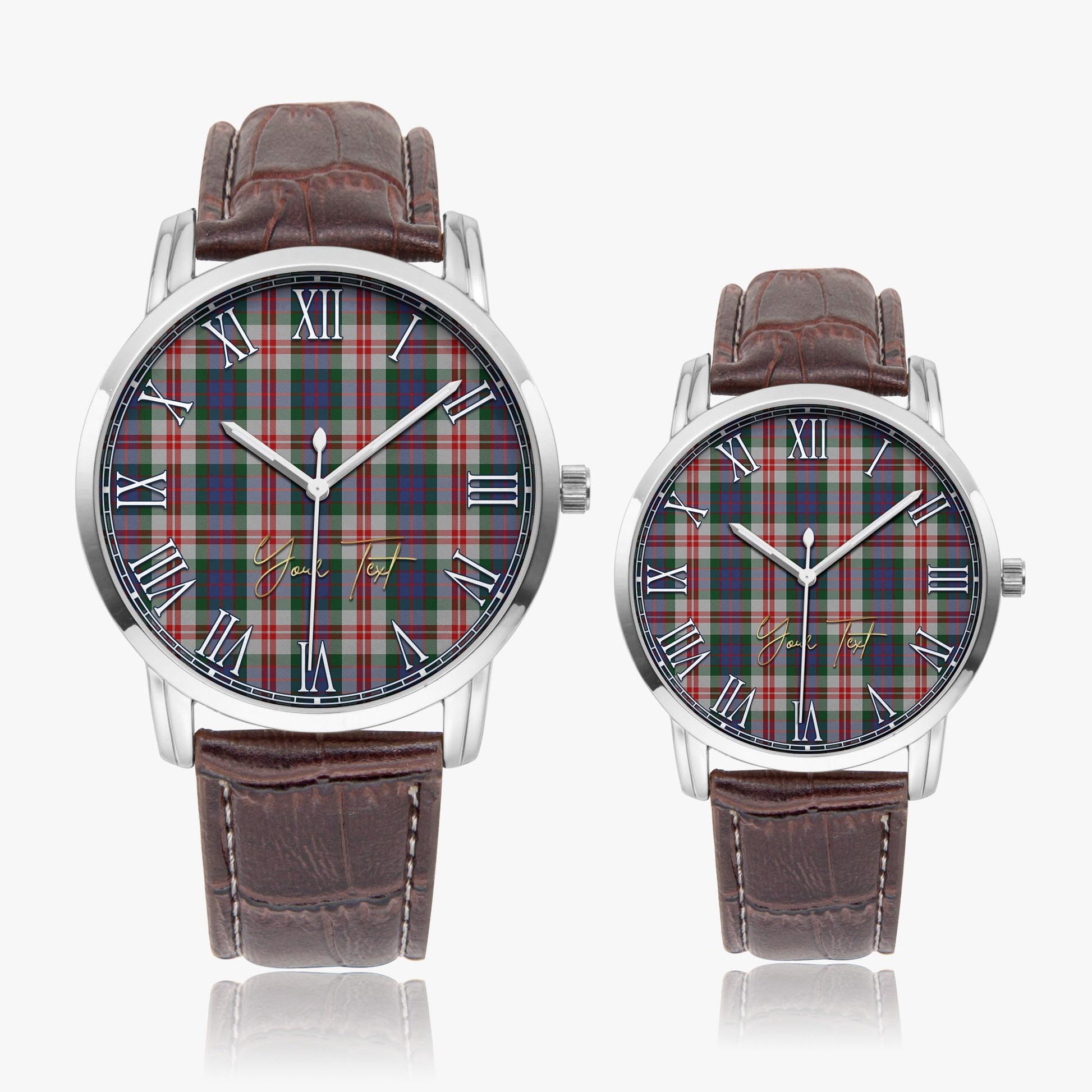 Fraser Red Dress Tartan Personalized Your Text Leather Trap Quartz Watch Wide Type Silver Case With Brown Leather Strap - Tartanvibesclothing