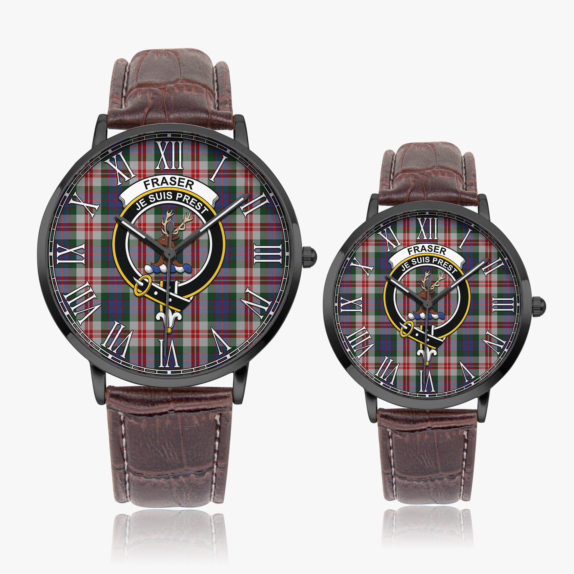 Fraser Red Dress Tartan Family Crest Leather Strap Quartz Watch - Tartanvibesclothing