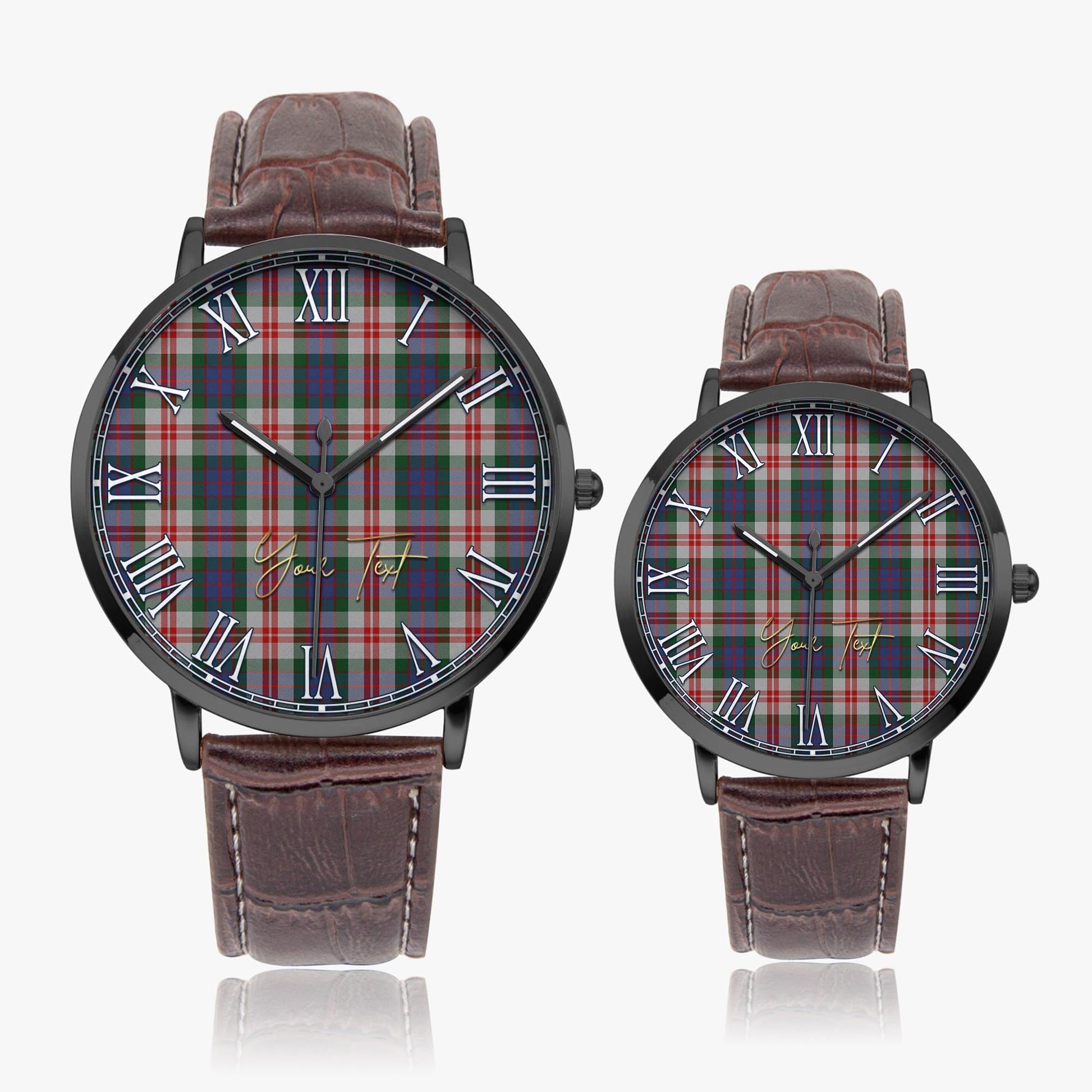 Fraser Red Dress Tartan Personalized Your Text Leather Trap Quartz Watch Ultra Thin Black Case With Brown Leather Strap - Tartanvibesclothing