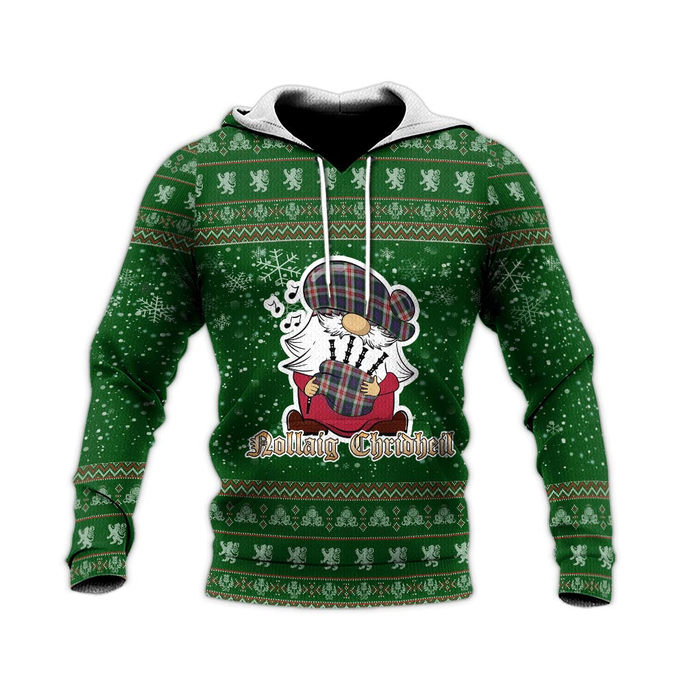 Fraser Red Dress Clan Christmas Knitted Hoodie with Funny Gnome Playing Bagpipes - Tartanvibesclothing