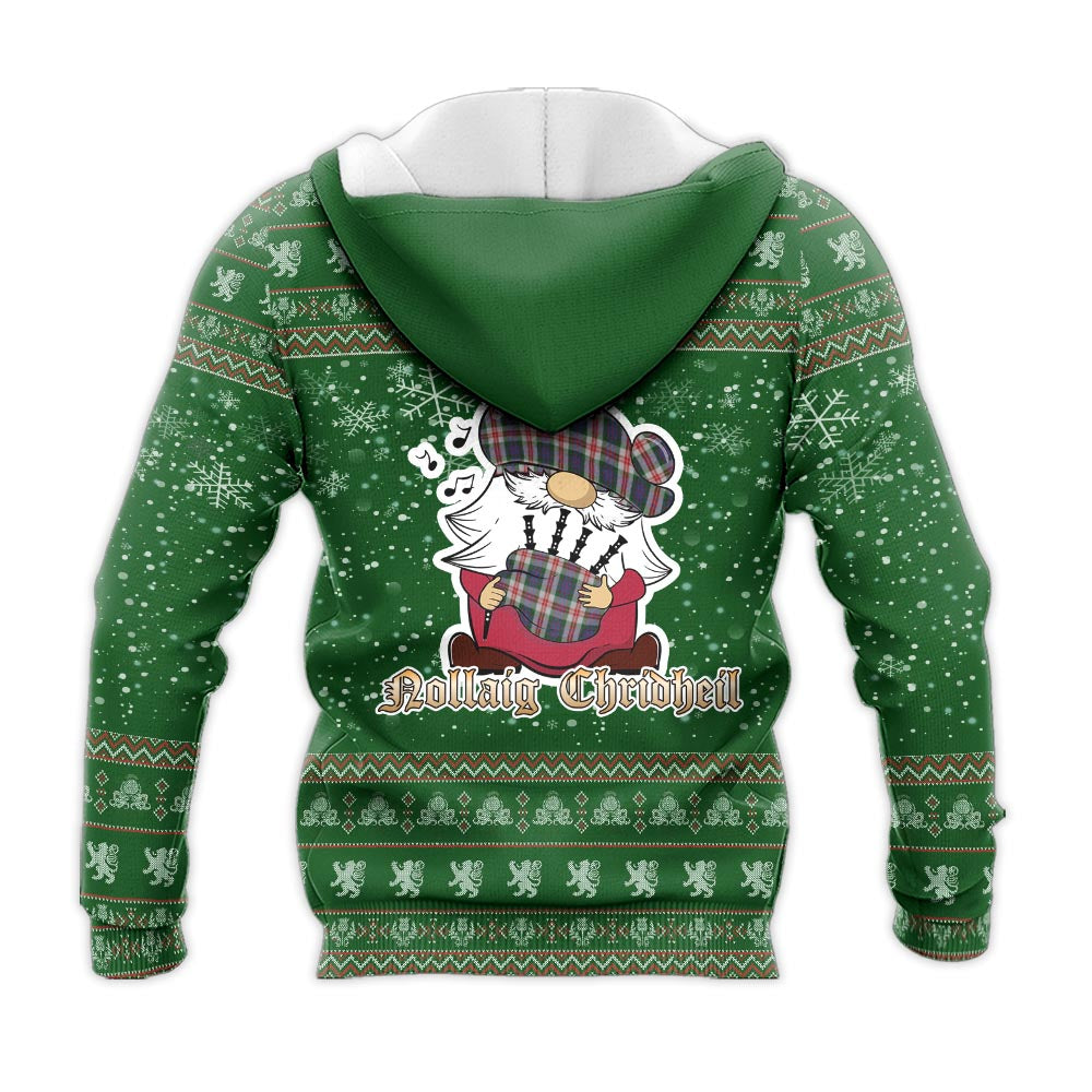 Fraser Red Dress Clan Christmas Knitted Hoodie with Funny Gnome Playing Bagpipes - Tartanvibesclothing
