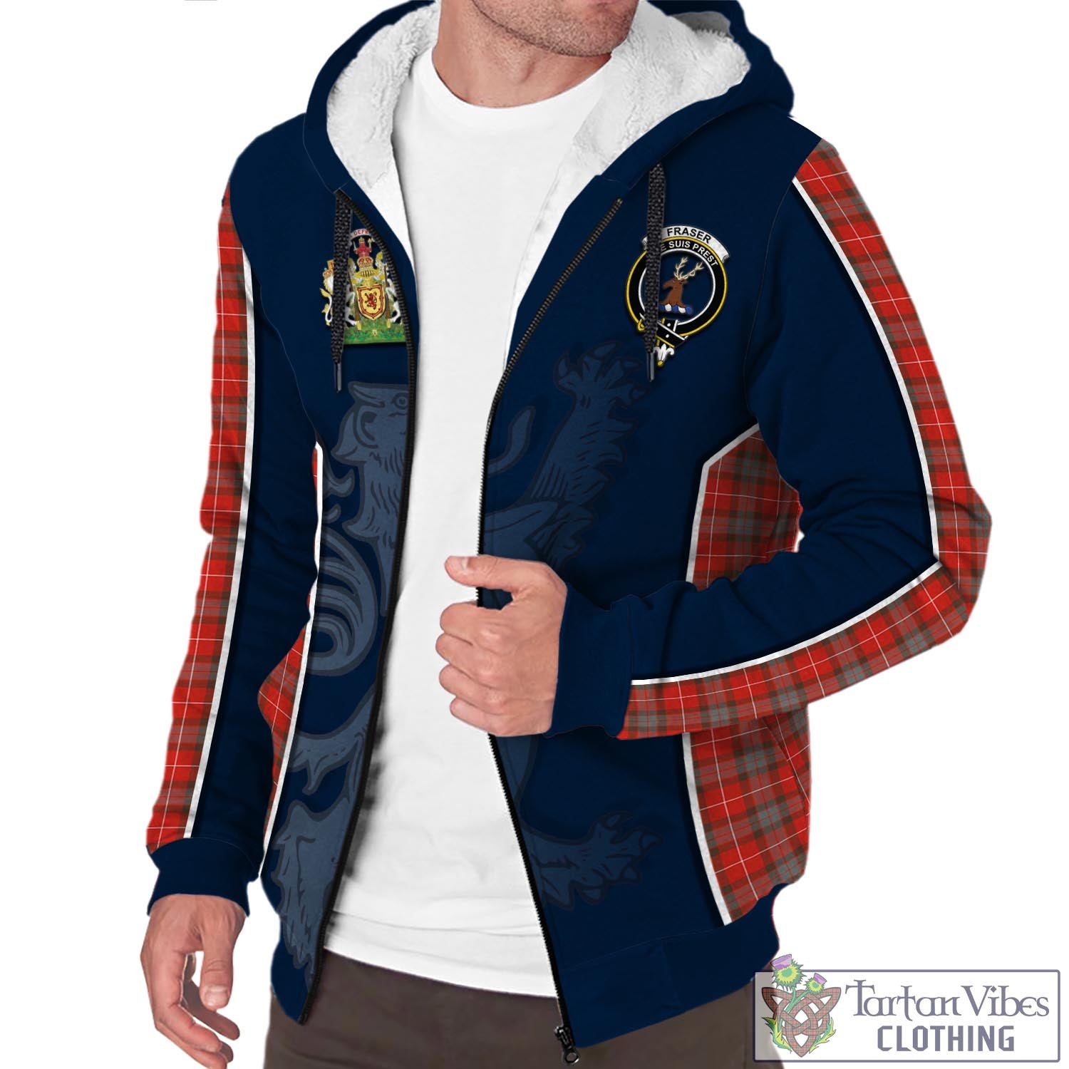 Tartan Vibes Clothing Fraser Weathered Tartan Sherpa Hoodie with Family Crest and Lion Rampant Vibes Sport Style