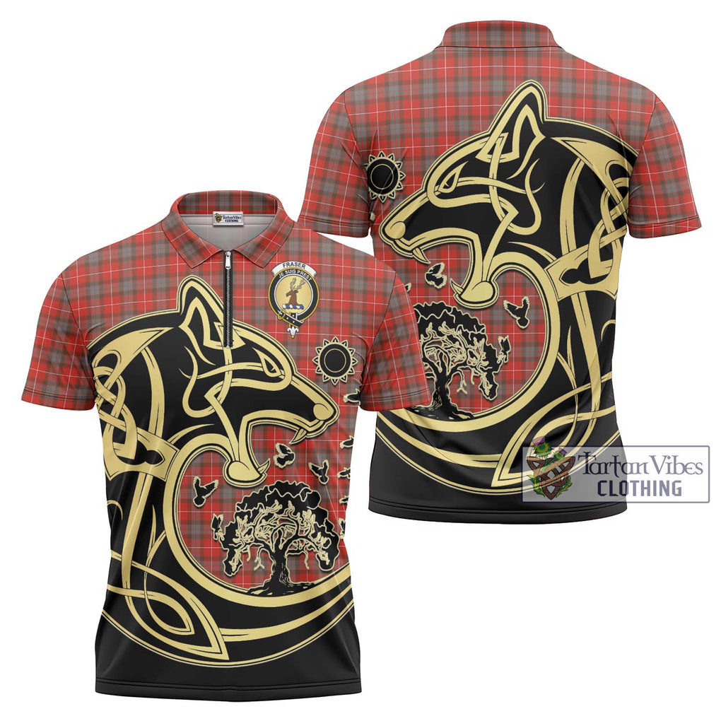 Fraser Weathered Tartan Zipper Polo Shirt with Family Crest Celtic Wolf Style Unisex - Tartanvibesclothing Shop