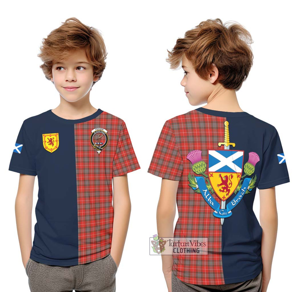 Tartan Vibes Clothing Fraser Weathered Tartan Kid T-Shirt with Scottish Lion Royal Arm Half Style