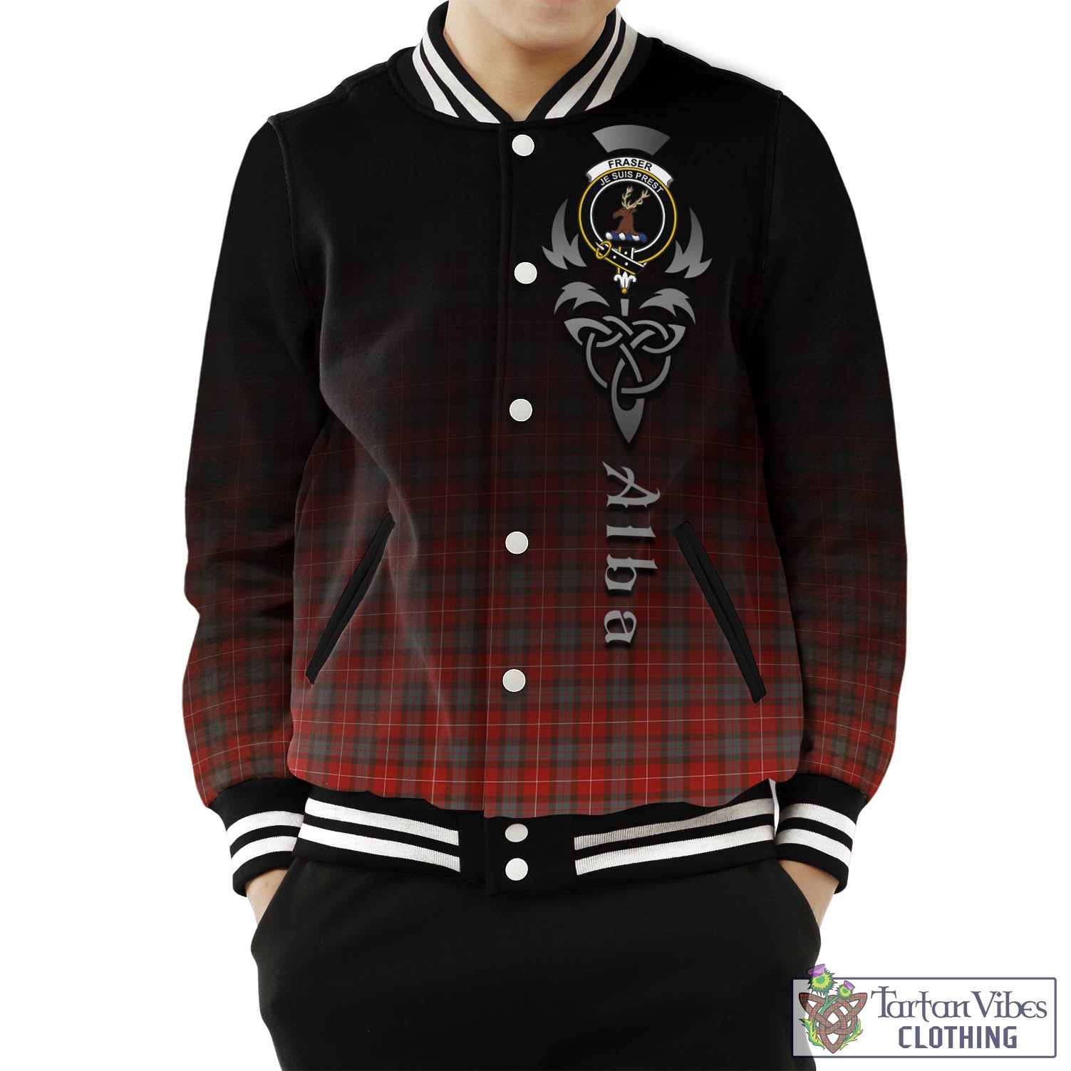 Tartan Vibes Clothing Fraser Weathered Tartan Baseball Jacket Featuring Alba Gu Brath Family Crest Celtic Inspired