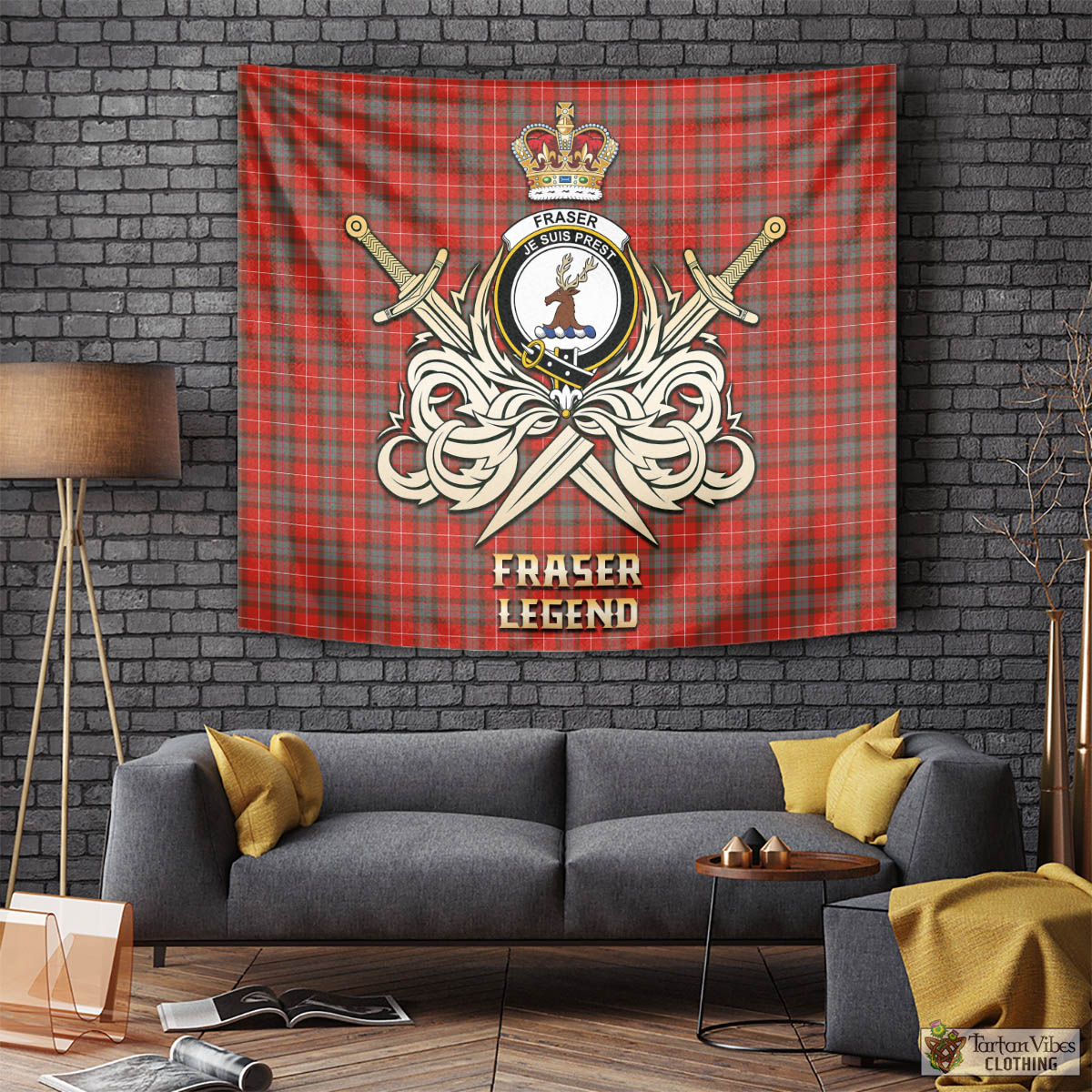 Tartan Vibes Clothing Fraser Weathered Tartan Tapestry with Clan Crest and the Golden Sword of Courageous Legacy