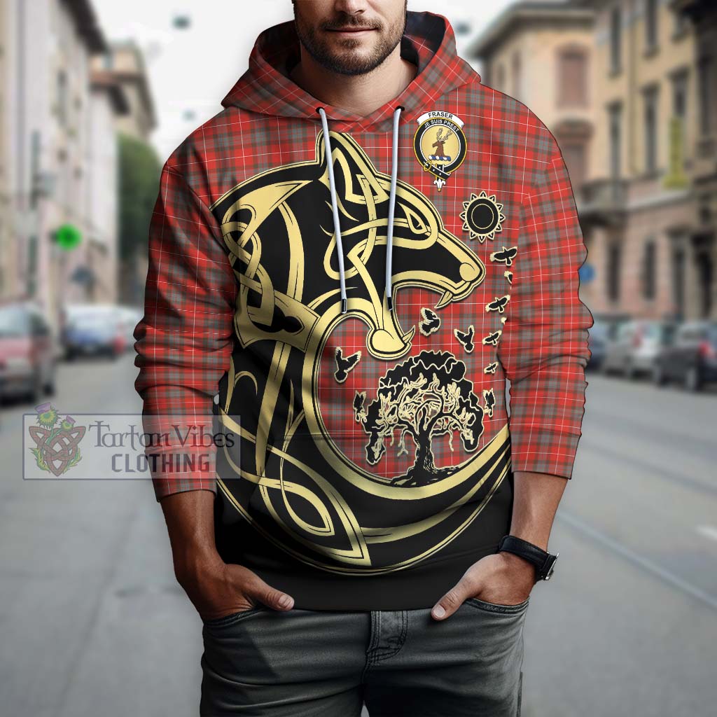 Tartan Vibes Clothing Fraser Weathered Tartan Hoodie with Family Crest Celtic Wolf Style