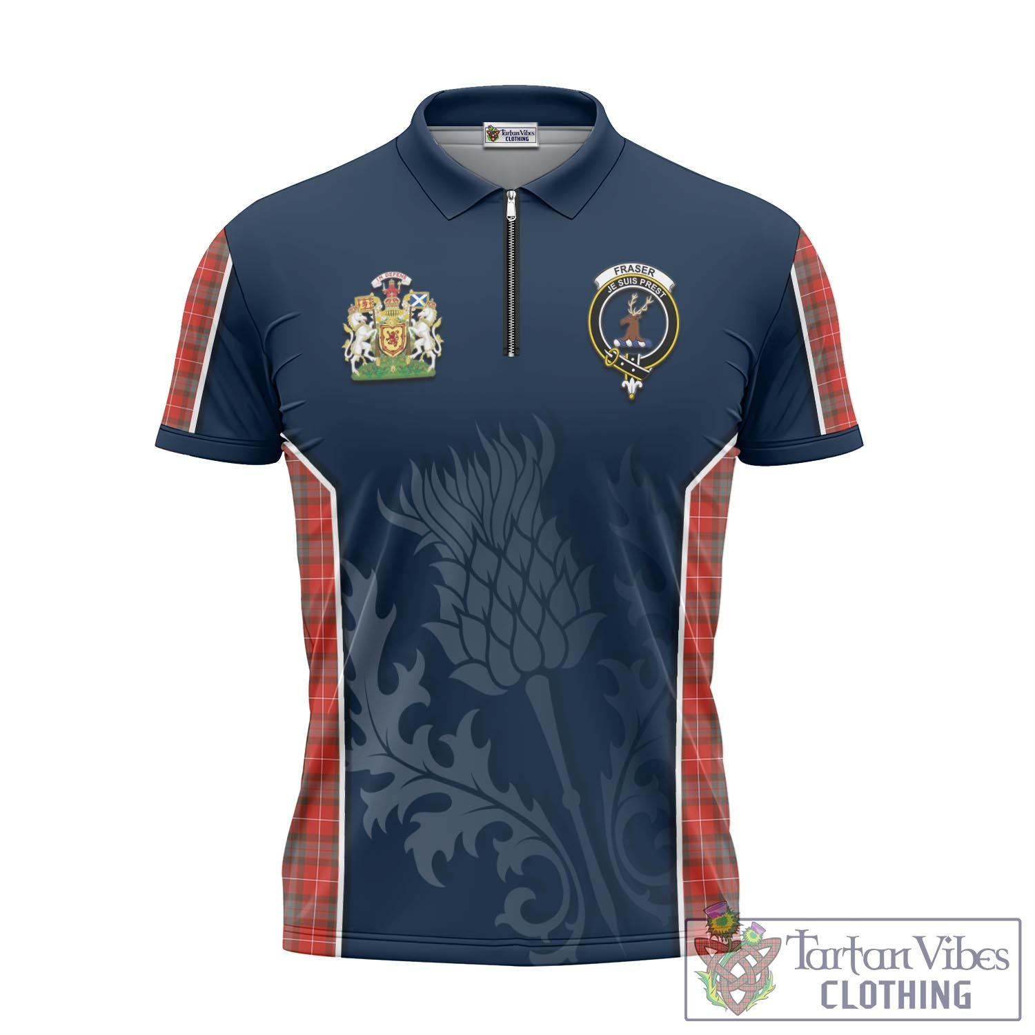 Tartan Vibes Clothing Fraser Weathered Tartan Zipper Polo Shirt with Family Crest and Scottish Thistle Vibes Sport Style