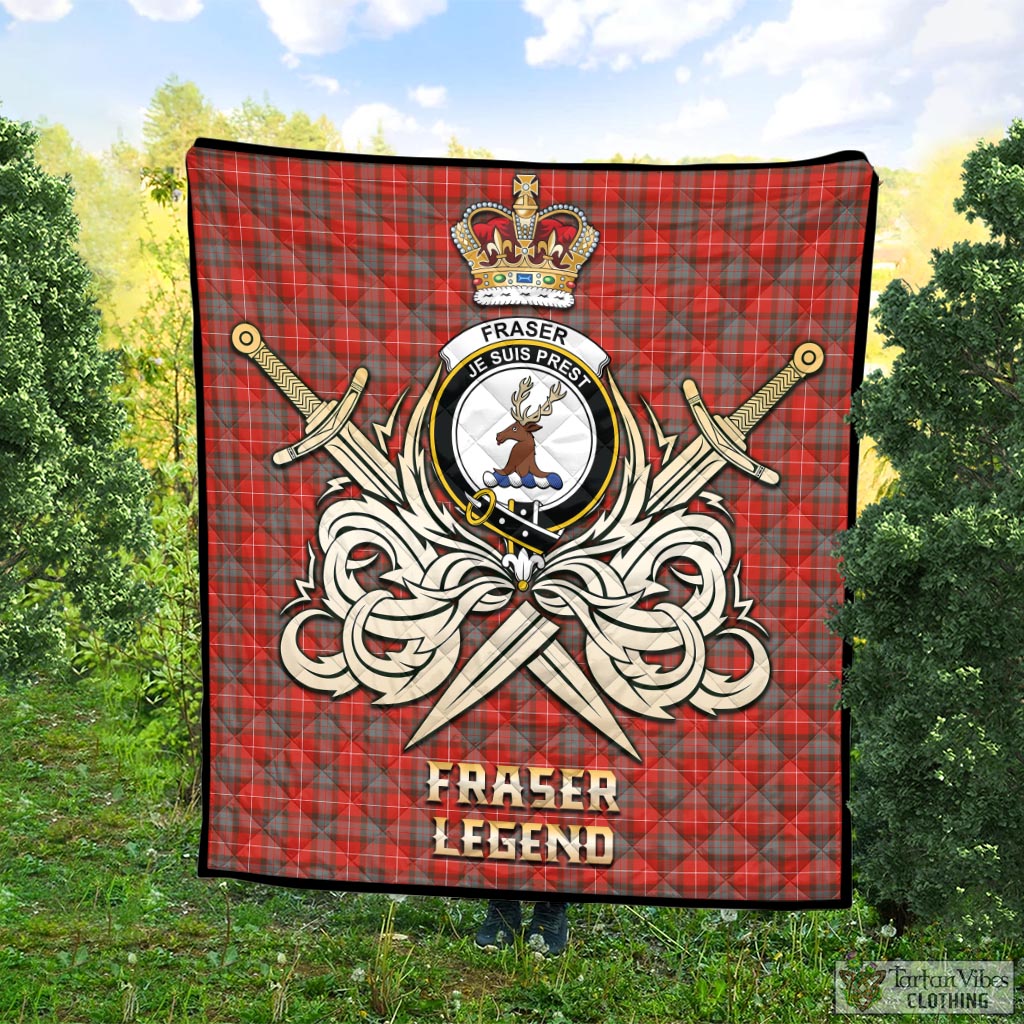 Tartan Vibes Clothing Fraser Weathered Tartan Quilt with Clan Crest and the Golden Sword of Courageous Legacy