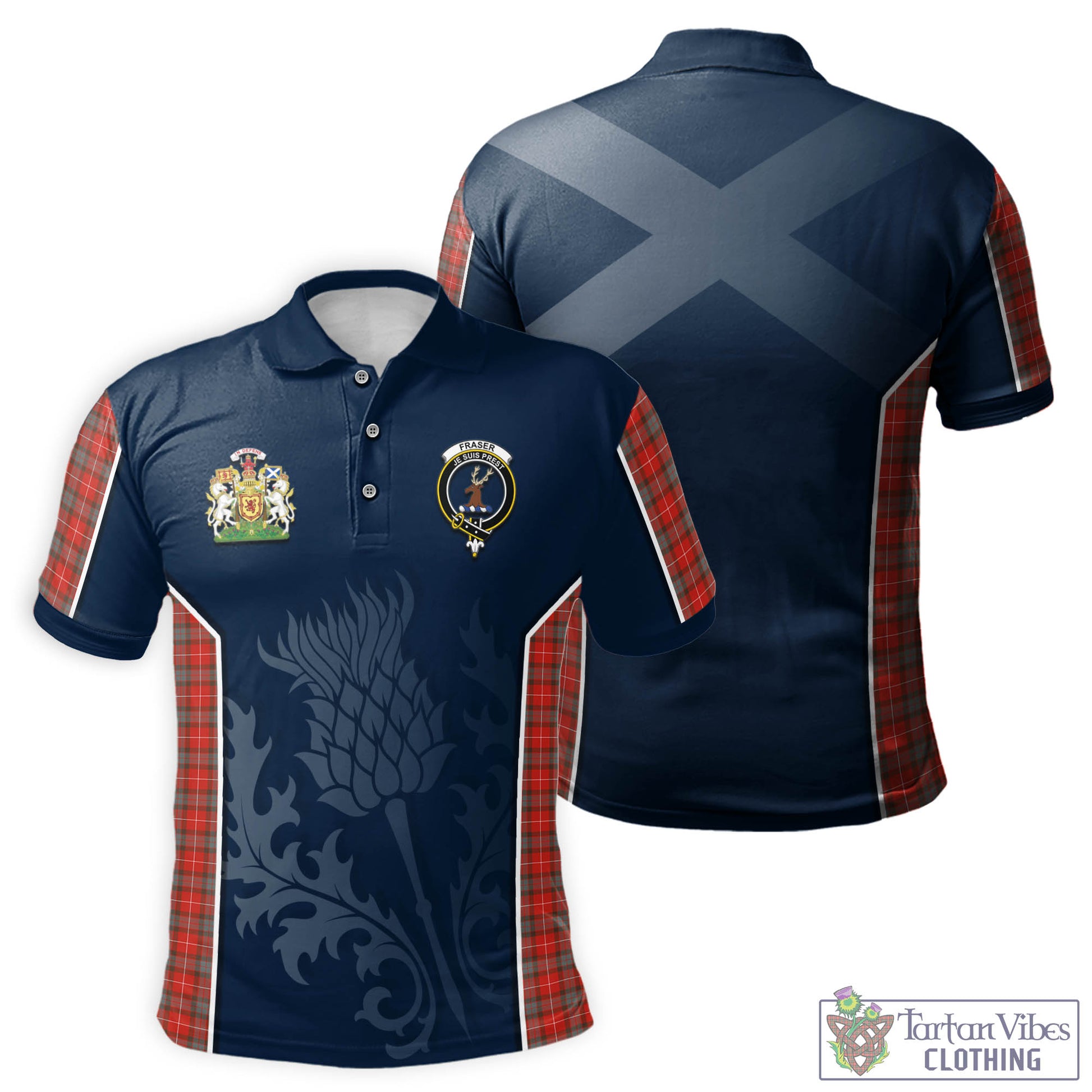 Tartan Vibes Clothing Fraser Weathered Tartan Men's Polo Shirt with Family Crest and Scottish Thistle Vibes Sport Style