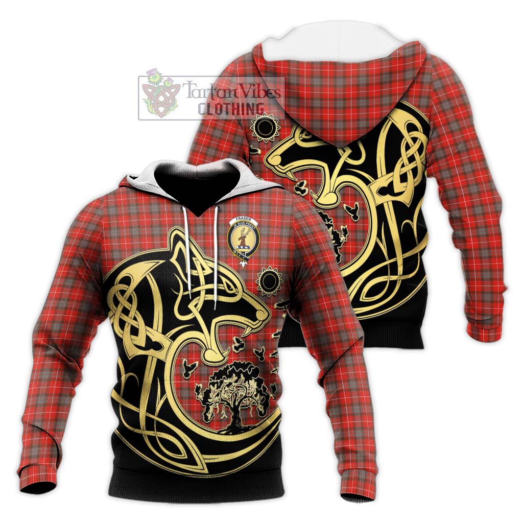 Tartan Vibes Clothing Fraser Weathered Tartan Knitted Hoodie with Family Crest Celtic Wolf Style