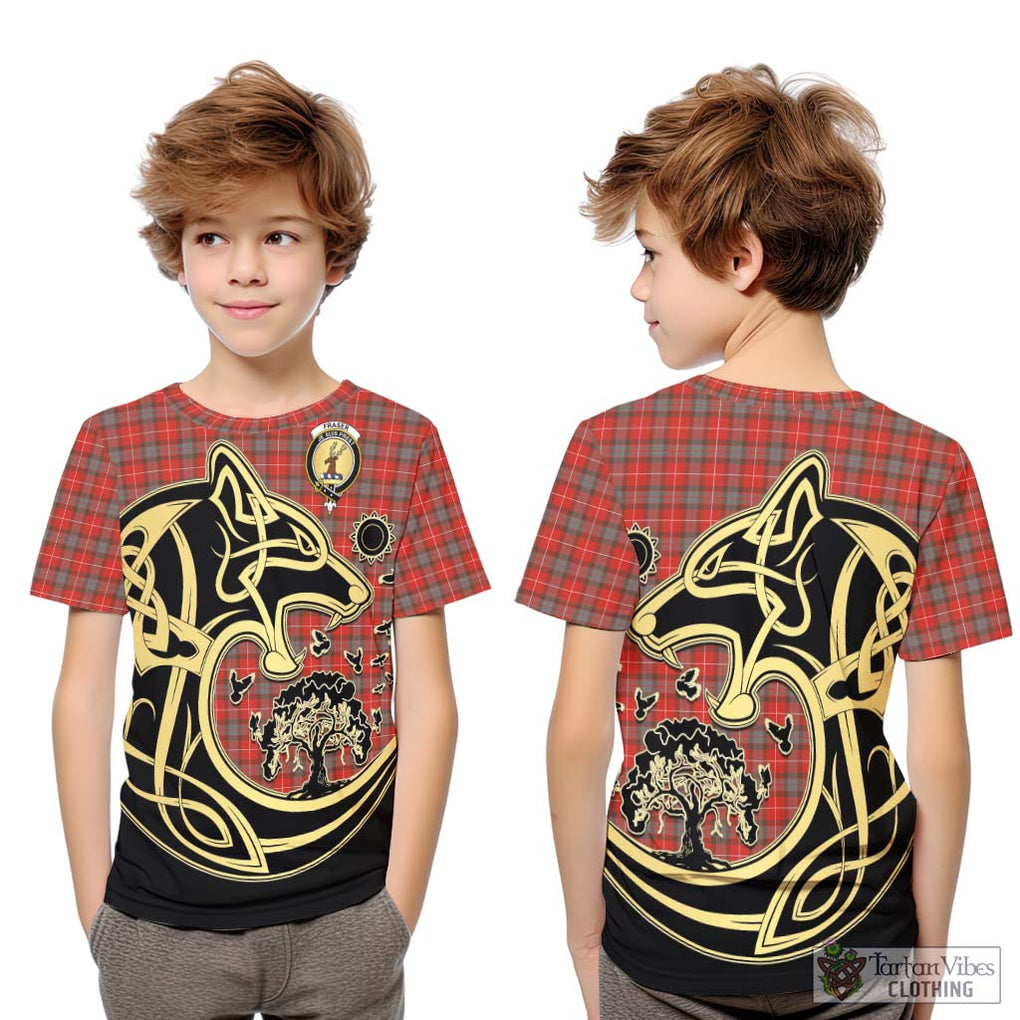 Fraser Weathered Tartan Kid T-Shirt with Family Crest Celtic Wolf Style Youth XL Size14 - Tartan Vibes Clothing