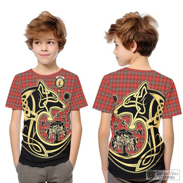 Fraser Weathered Tartan Kid T-Shirt with Family Crest Celtic Wolf Style