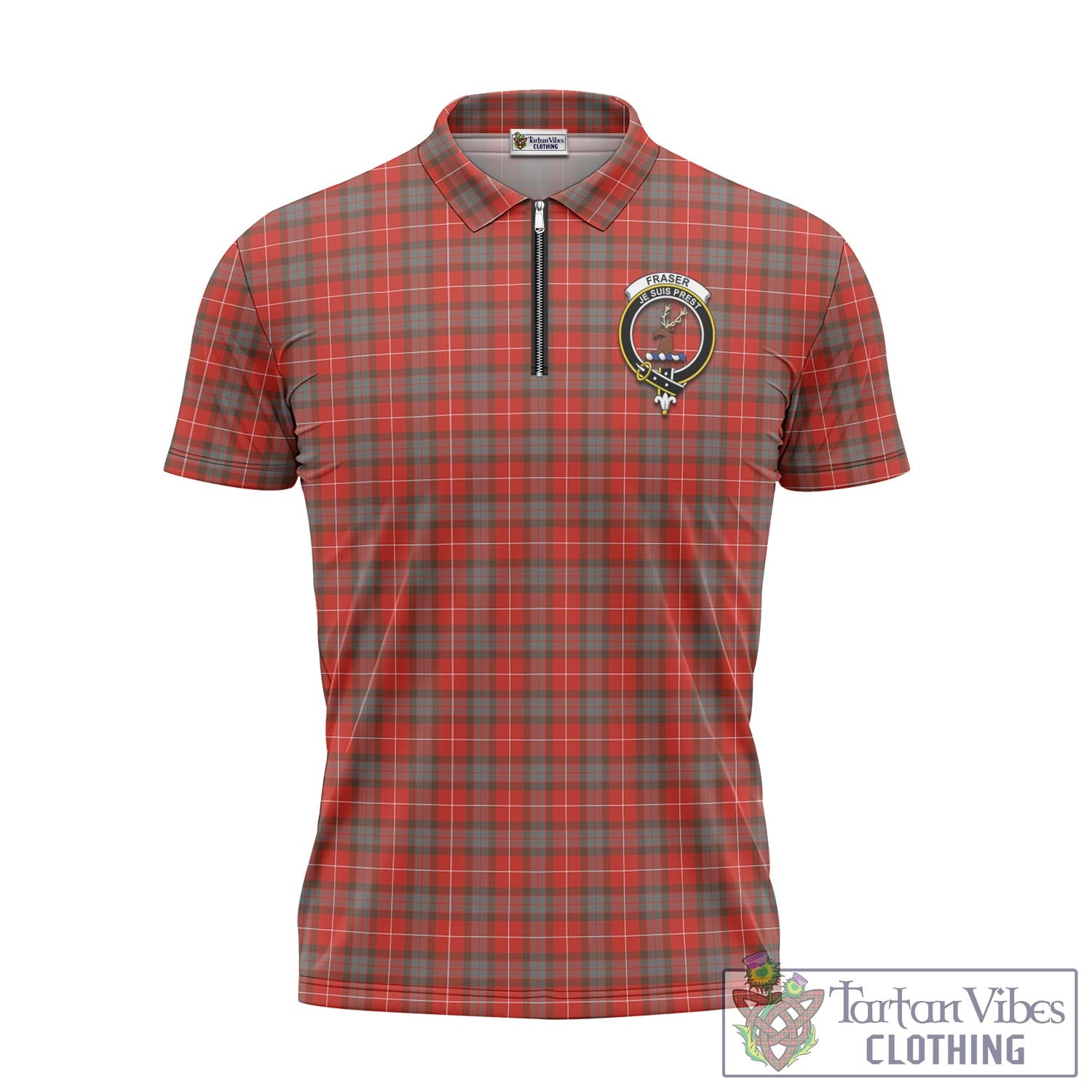 Tartan Vibes Clothing Fraser Weathered Tartan Zipper Polo Shirt with Family Crest