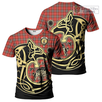 Fraser Weathered Tartan T-Shirt with Family Crest Celtic Wolf Style