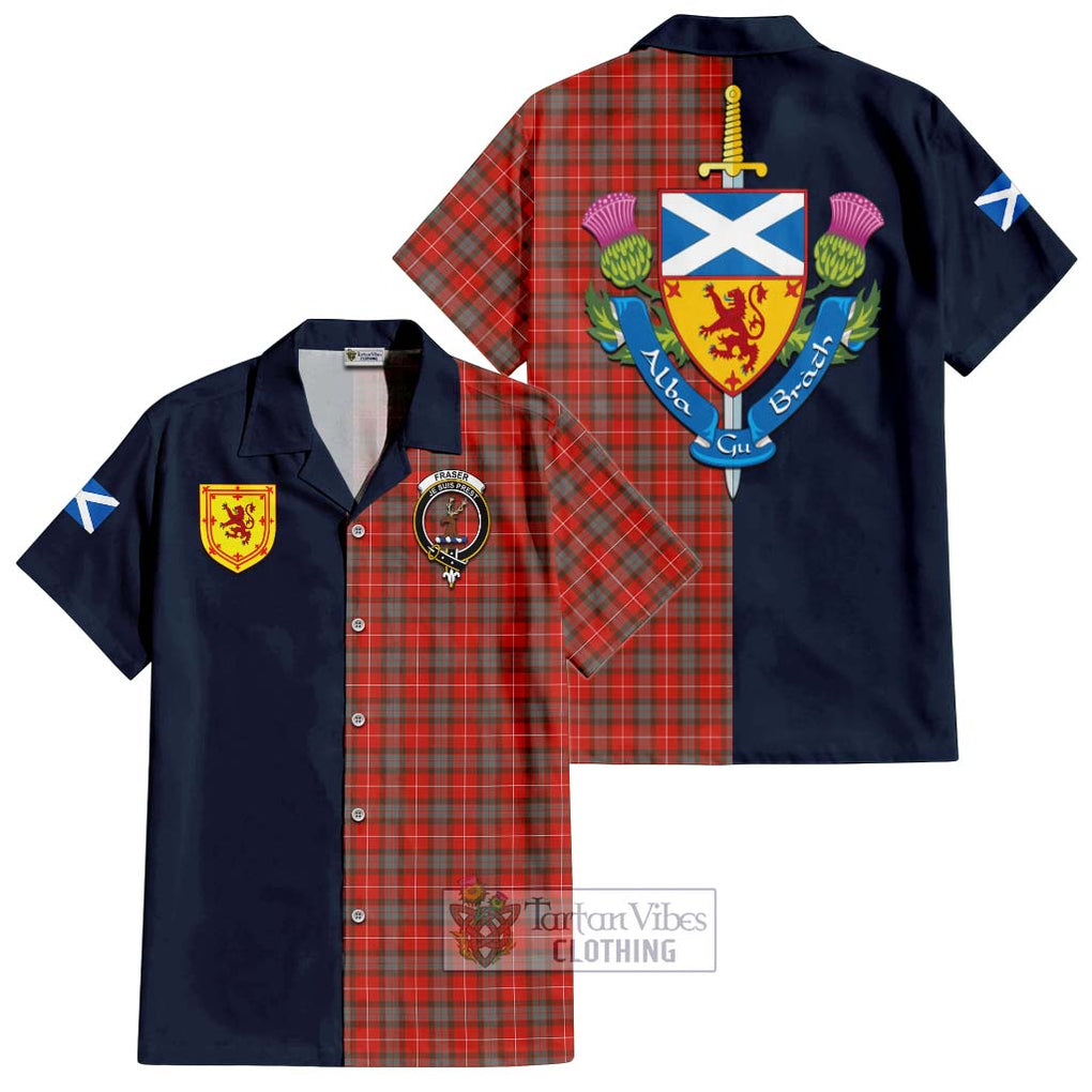 Tartan Vibes Clothing Fraser Weathered Tartan Short Sleeve Button Shirt with Scottish Lion Royal Arm Half Style