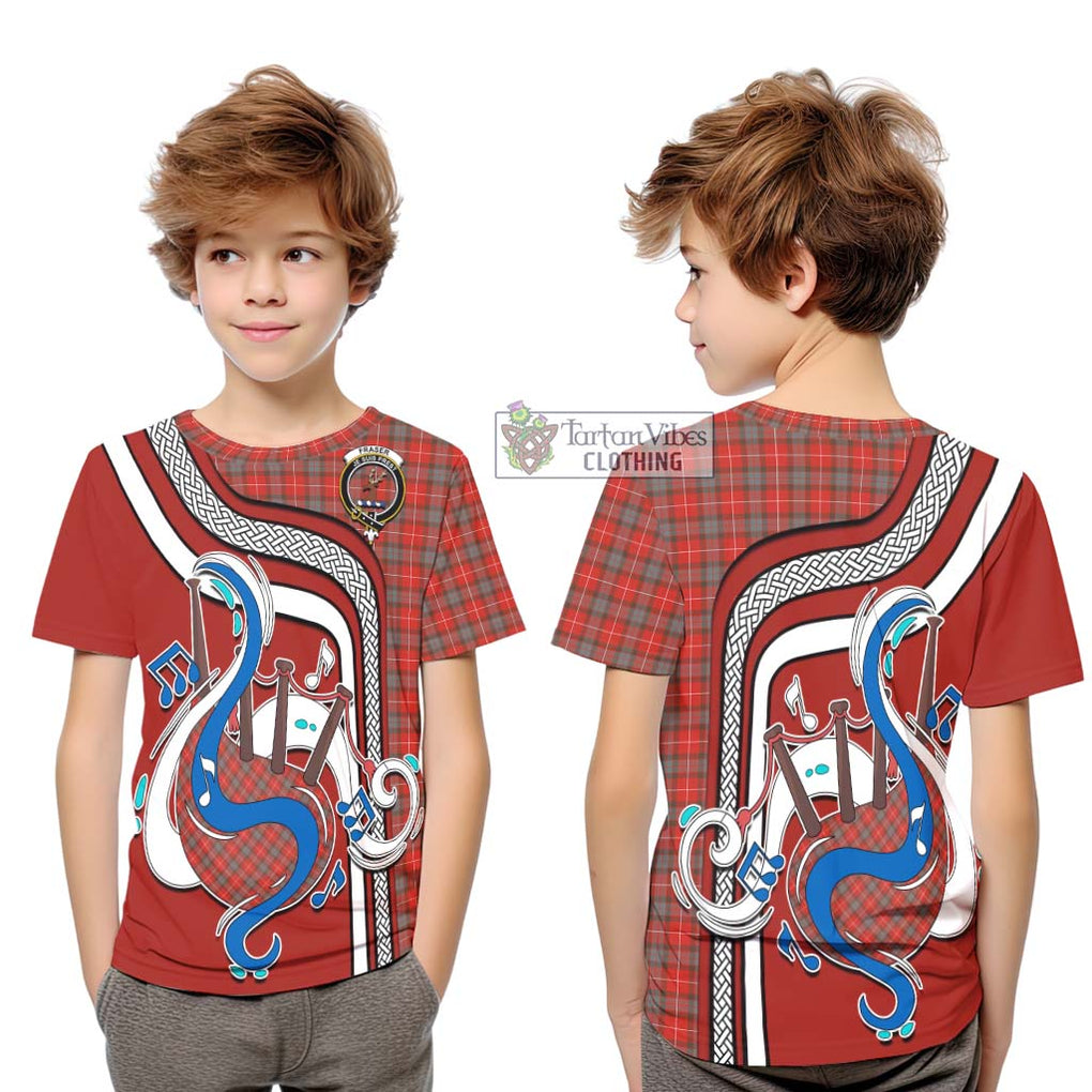 Tartan Vibes Clothing Fraser Weathered Tartan Kid T-Shirt with Epic Bagpipe Style