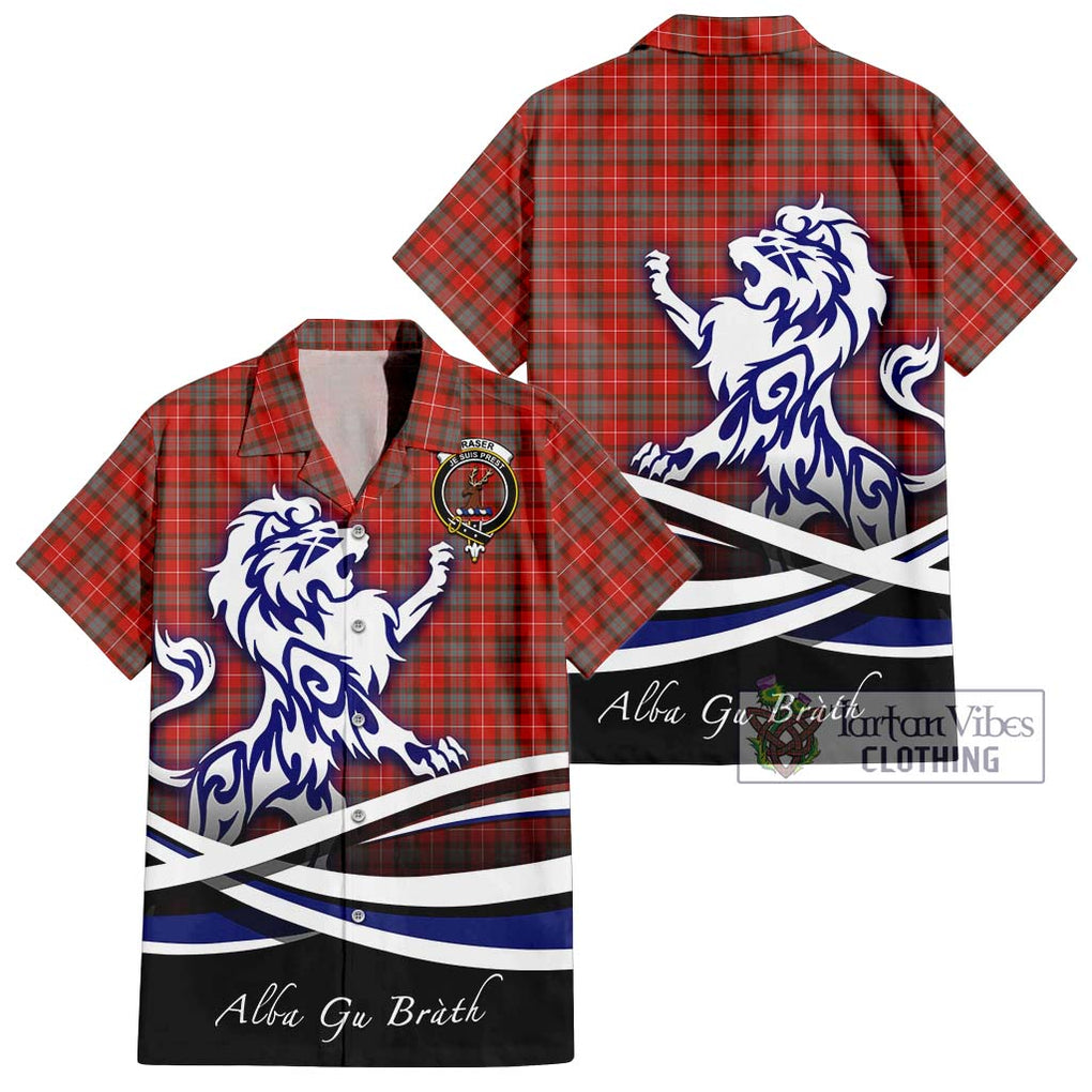 Fraser Weathered Tartan Short Sleeve Button Shirt with Alba Gu Brath Regal Lion Emblem Kid - Tartanvibesclothing Shop