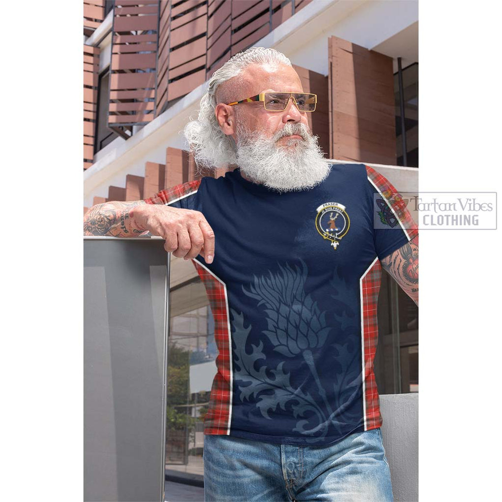 Tartan Vibes Clothing Fraser Weathered Tartan Cotton T-shirt with Family Crest and Scottish Thistle Vibes Sport Style