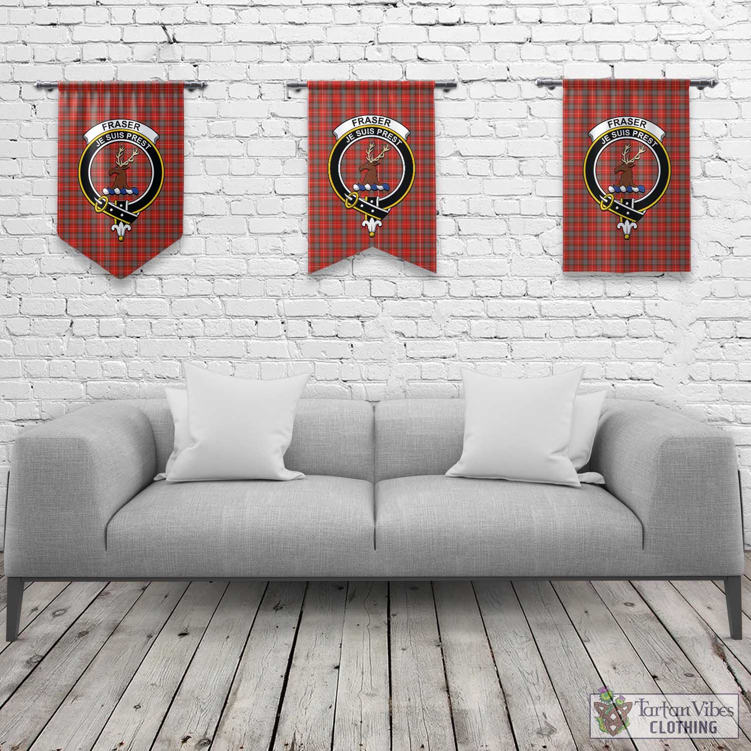 Tartan Vibes Clothing Fraser Weathered Tartan Gonfalon, Tartan Banner with Family Crest