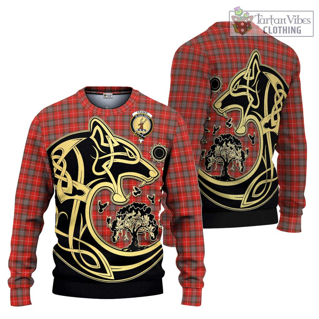 Fraser Weathered Tartan Knitted Sweater with Family Crest Celtic Wolf Style Unisex - Tartan Vibes Clothing