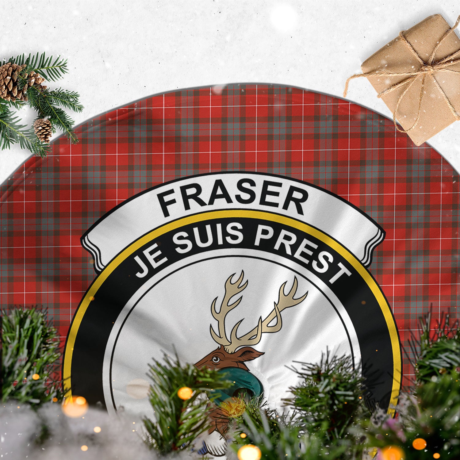 Fraser Weathered Tartan Christmas Tree Skirt with Family Crest - Tartanvibesclothing