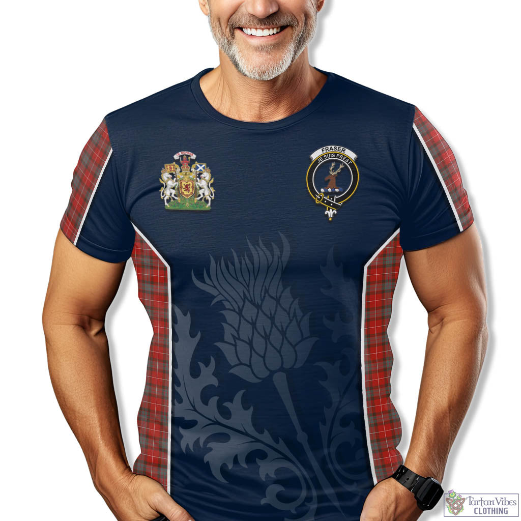 Tartan Vibes Clothing Fraser Weathered Tartan T-Shirt with Family Crest and Scottish Thistle Vibes Sport Style