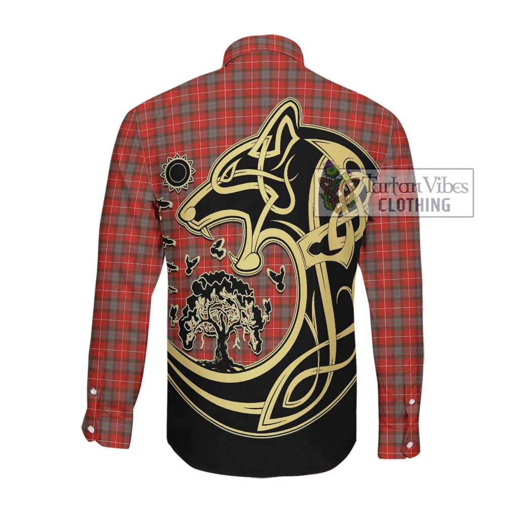 Fraser Weathered Tartan Long Sleeve Button Shirt with Family Crest Celtic Wolf Style Men's Shirt - Tartan Vibes Clothing