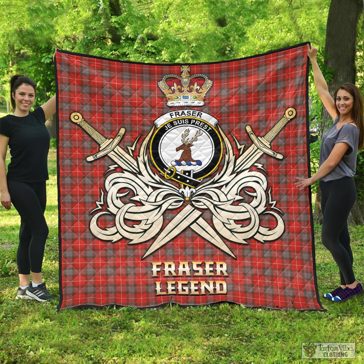 Tartan Vibes Clothing Fraser Weathered Tartan Quilt with Clan Crest and the Golden Sword of Courageous Legacy