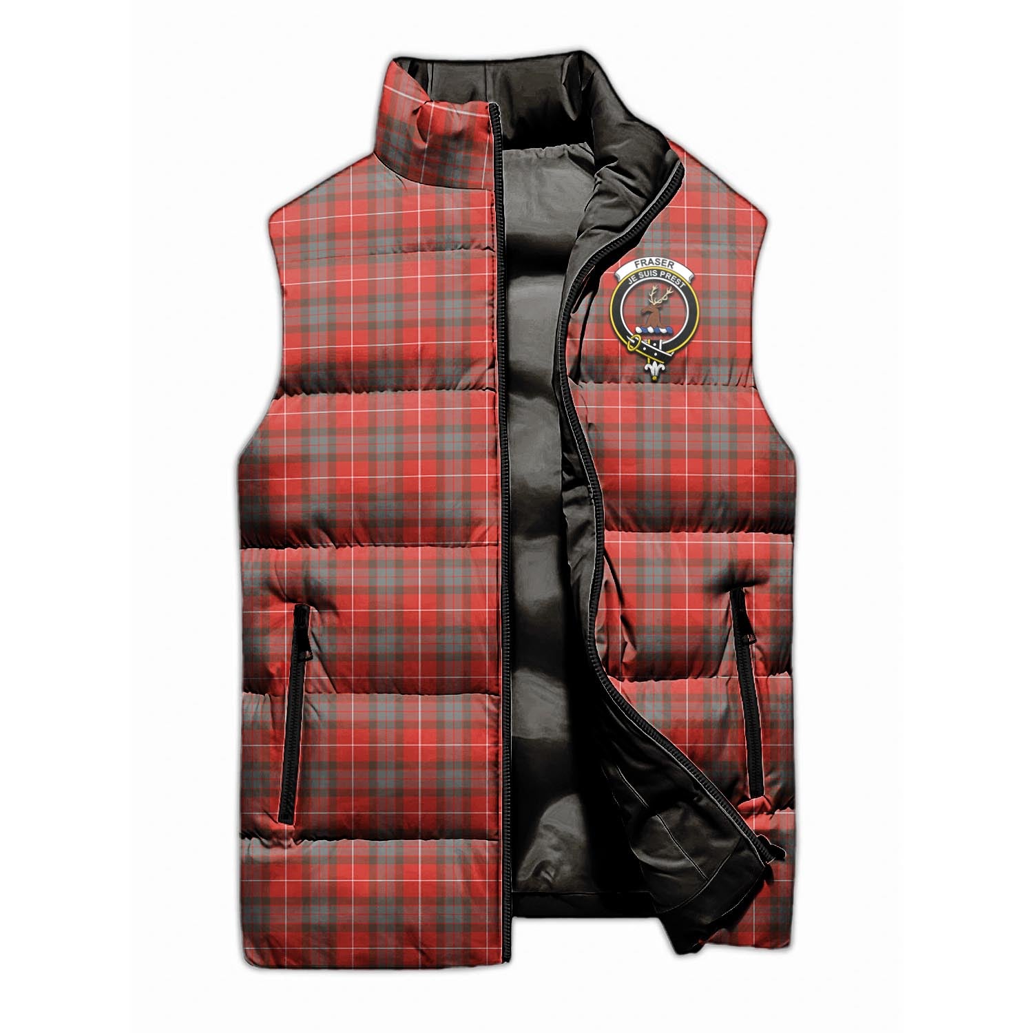 Fraser Weathered Tartan Sleeveless Puffer Jacket with Family Crest - Tartanvibesclothing