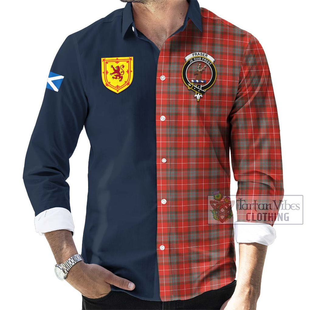 Tartan Vibes Clothing Fraser Weathered Tartan Long Sleeve Button Shirt with Scottish Lion Royal Arm Half Style