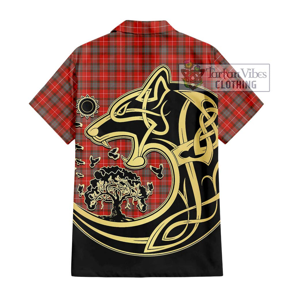 Fraser Weathered Tartan Short Sleeve Button Shirt with Family Crest Celtic Wolf Style - Tartan Vibes Clothing