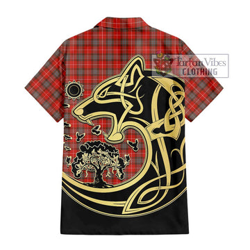 Fraser Weathered Tartan Short Sleeve Button Shirt with Family Crest Celtic Wolf Style