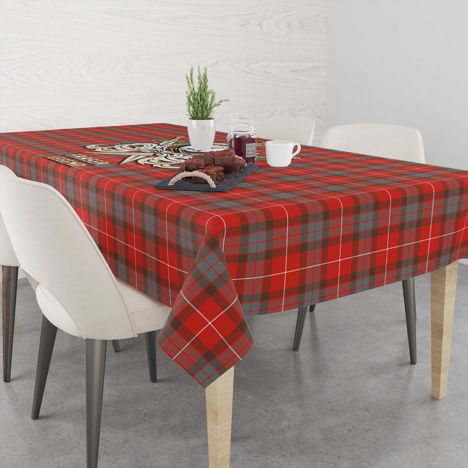 Tartan Vibes Clothing Fraser Weathered Tartan Tablecloth with Clan Crest and the Golden Sword of Courageous Legacy