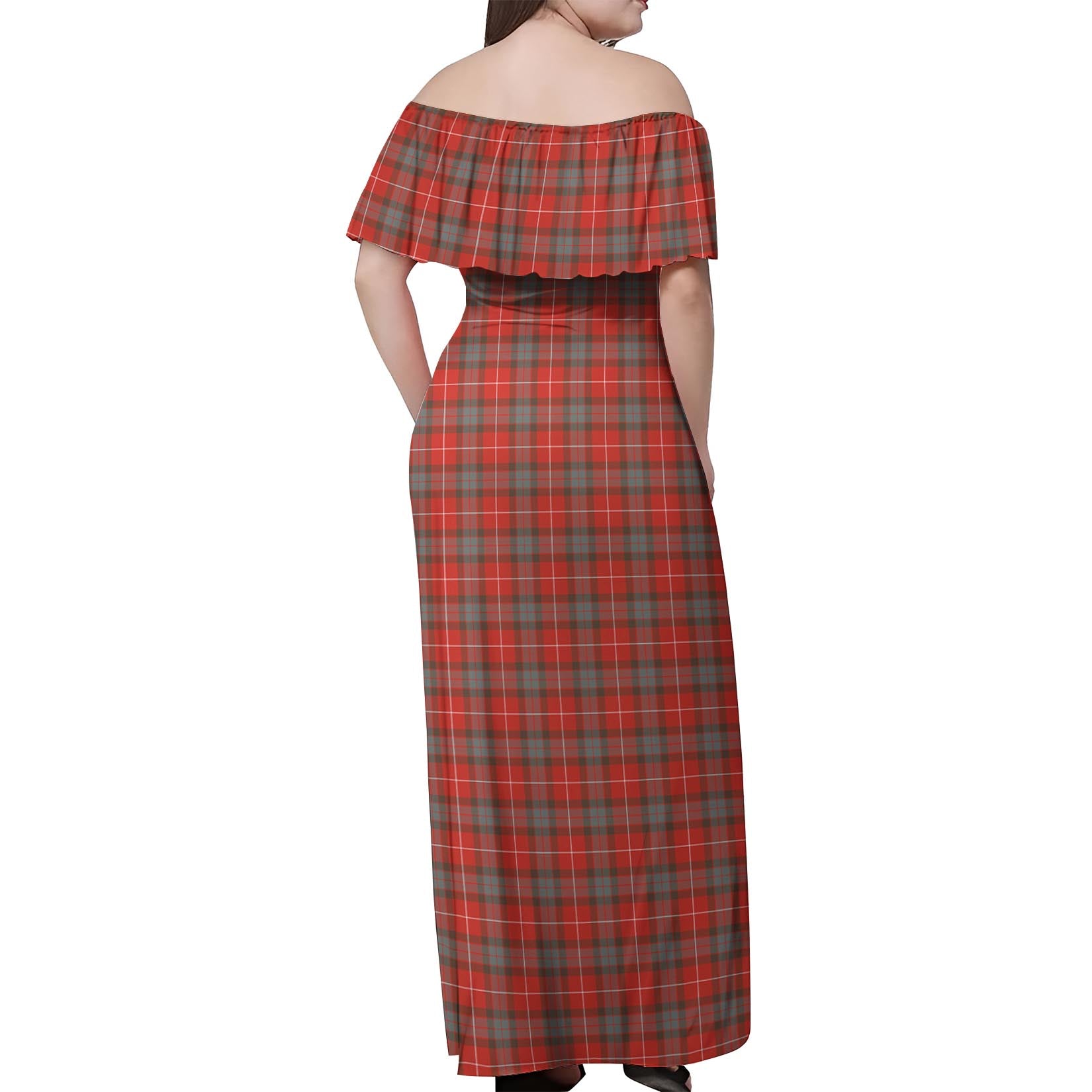 Fraser Weathered Tartan Off Shoulder Long Dress - Tartanvibesclothing