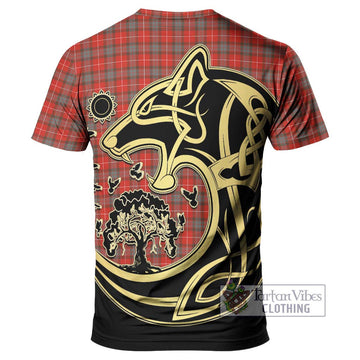 Fraser Weathered Tartan T-Shirt with Family Crest Celtic Wolf Style