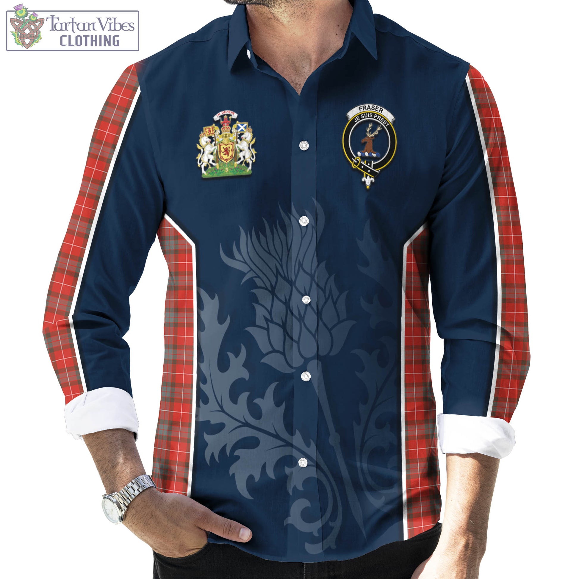 Tartan Vibes Clothing Fraser Weathered Tartan Long Sleeve Button Up Shirt with Family Crest and Scottish Thistle Vibes Sport Style