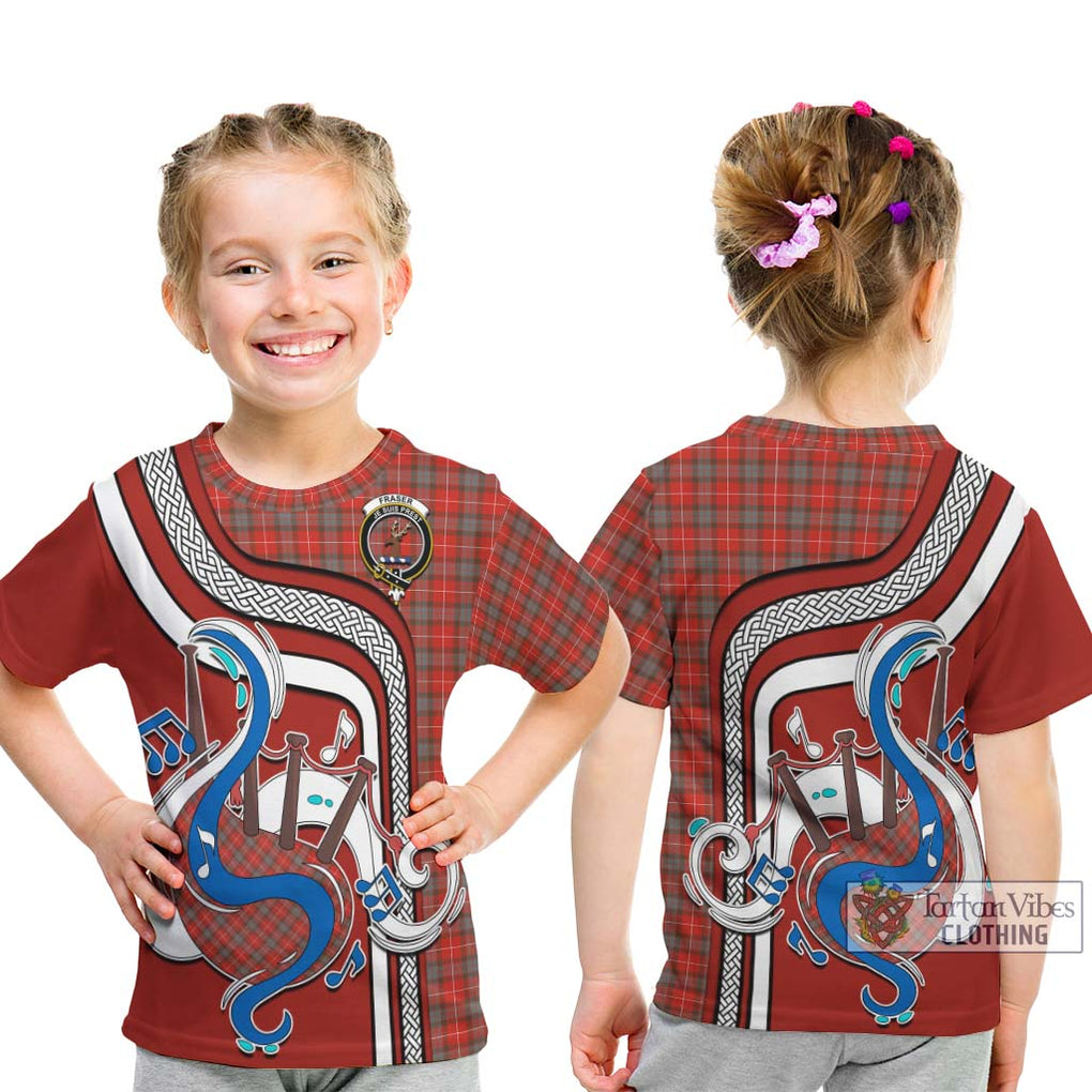 Tartan Vibes Clothing Fraser Weathered Tartan Kid T-Shirt with Epic Bagpipe Style