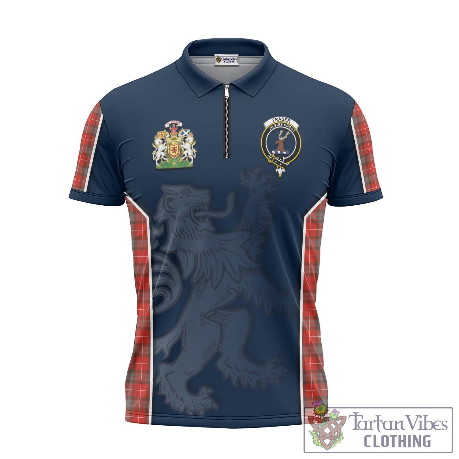 Tartan Vibes Clothing Fraser Weathered Tartan Zipper Polo Shirt with Family Crest and Lion Rampant Vibes Sport Style