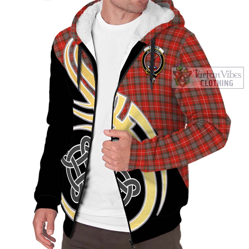 Fraser Weathered Tartan Sherpa Hoodie with Family Crest and Celtic Symbol Style - Tartan Vibes Clothing