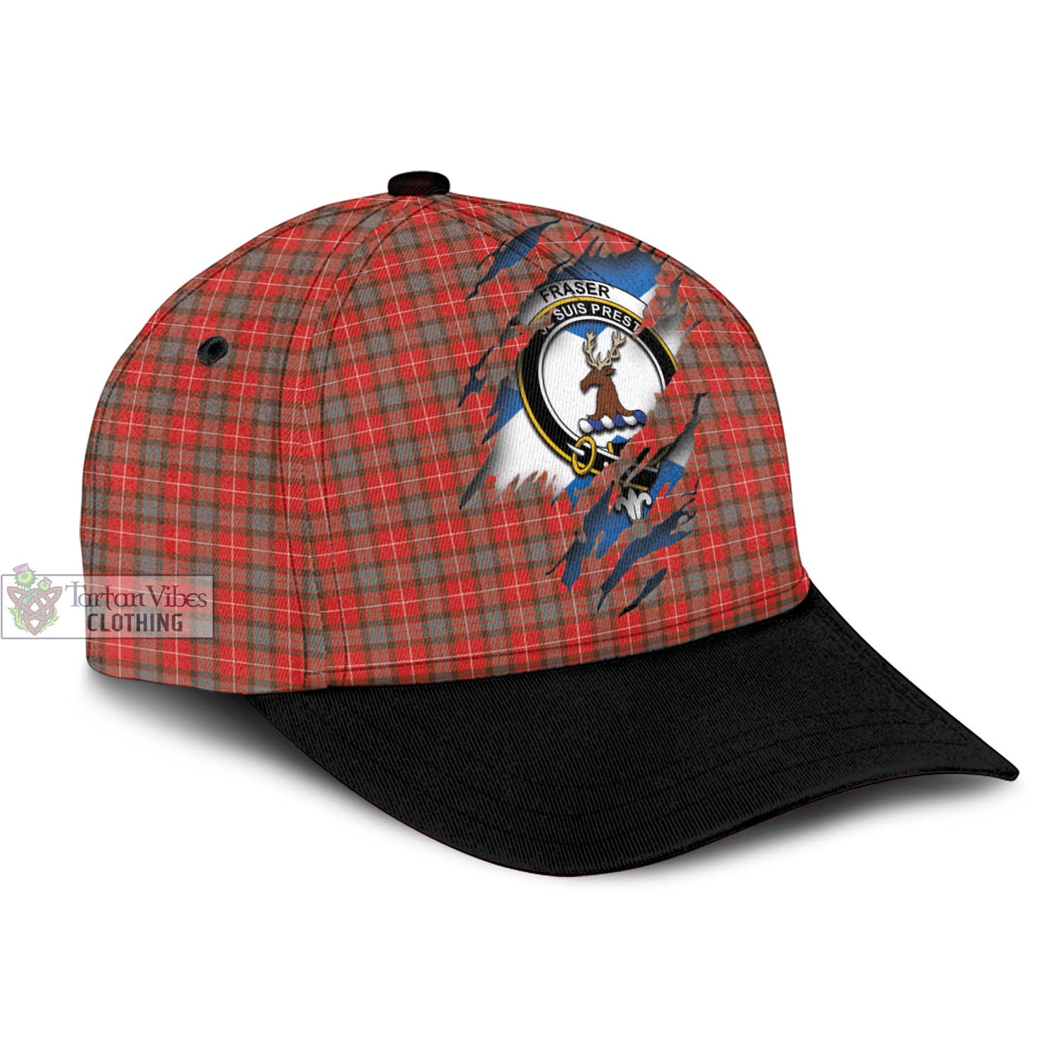 Tartan Vibes Clothing Fraser Weathered Tartan Classic Cap with Family Crest In Me Style